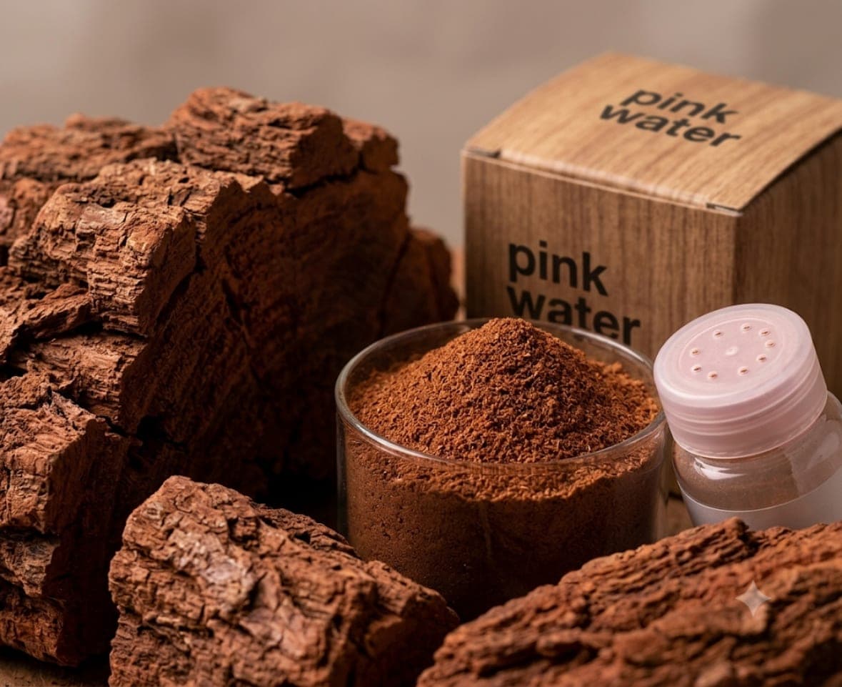 Raw heartwood, ground to powder, beside the Pink Water box
