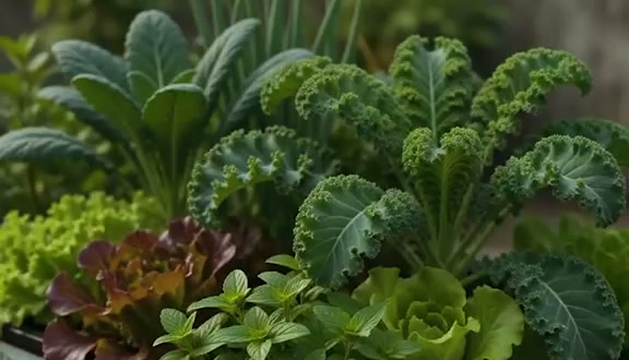 Close-up of a mixed raised bed with kale, lettuce, and mint